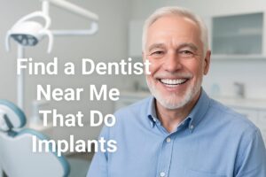 A mature man is happily smiling, revealing a full set of brand new, perfect teeth, implying he recently received dental implants. The background will feature a modern dental office setting, and text o