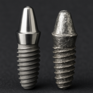 A close-up photo contrasting a high-quality dental implant with a low-quality one, with the high-quality implant appearing sturdy and well-crafted, and the low-quality implant showing visible flaws an
