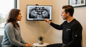 Dentist consulting with a patient in a modern clinic for urgent dental care