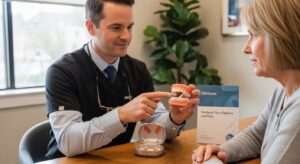 Dentist explaining types of dentures to a patient in a clean, modern dental clinic