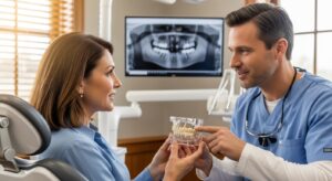 Patient and dentist discussing tooth implants in a Concord dental office.