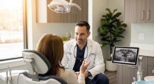 Dr. Rogers consulting with a patient in a modern Concord dental office