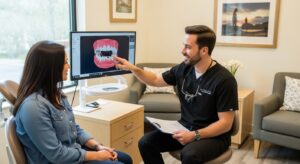 Dr. Rogers consulting with a patient in a modern dental office.