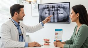 Dentist consulting patient about chipped tooth repair