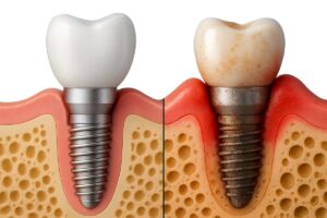 Close-up animated graphic of a healthy dental implant firmly rooted in the jawbone, contrasted with a decaying implant surrounded by inflamed gums. No text on image.