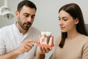 Image of a dentist explaining tooth extraction and replacement options to a patient, using a model of a jaw with implants. The dentist is pointing to the implant on the model, showing how it fits into