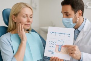 Image of a patient in a dental chair, post-tooth implant surgery, with a dentist explaining post-operative care instructions, emphasizing a timeline for recovery and tips for managing swelling and pai