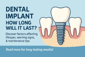 A dentist is pointing to a dental implant in a patient's mouth with a diagram of the mouth in the background. No text on the image.